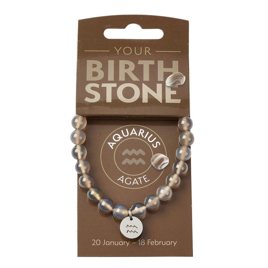 Aquarius Agate Birthstone Bead Bracelet with Zodiac Charm - Crystal Nest