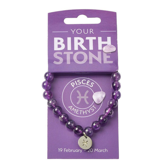 Pisces Amethyst Birthstone Bead Bracelet with Zodiac Charm - Crystal Nest