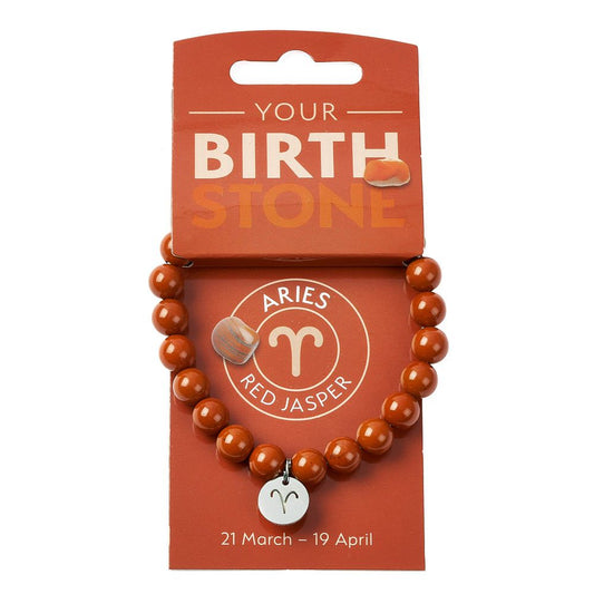 Aries Red Jasper Birthstone Bead Bracelet with Zodiac Charm - Crystal Nest