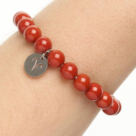 Aries Red Jasper Birthstone Bead Bracelet with Zodiac Charm - Crystal Nest