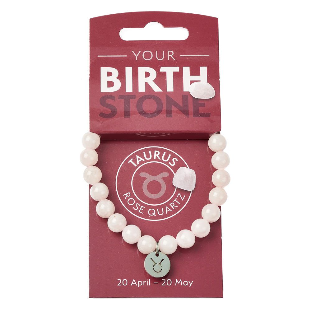 Taurus Rose Quartz Birthstone Bead Bracelet with Zodiac Charm - Crystal Nest