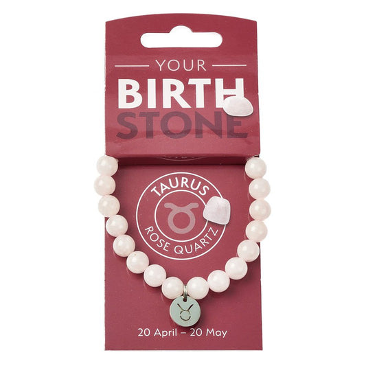 Taurus Rose Quartz Birthstone Bead Bracelet with Zodiac Charm - Crystal Nest
