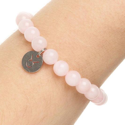 Taurus Rose Quartz Birthstone Bead Bracelet with Zodiac Charm - Crystal Nest