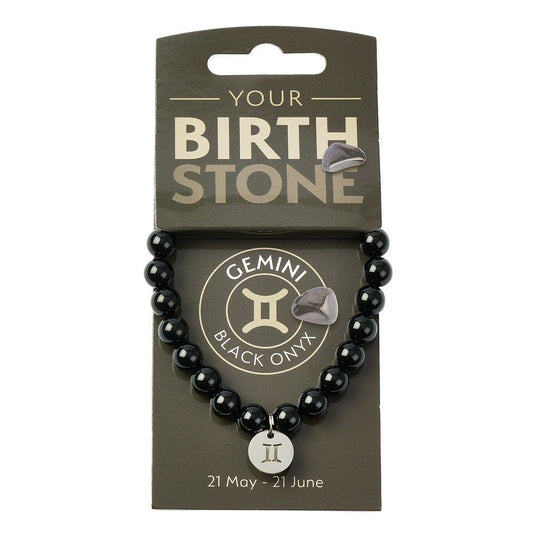 Gemini Black Onyx Birthstone Bead Bracelet with Zodiac Charm - Crystal Nest