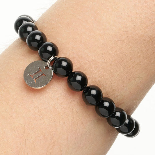 Gemini Black Onyx Birthstone Bead Bracelet with Zodiac Charm - Crystal Nest