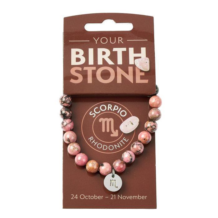 Scorpio Rhodonite Birthstone Bead Bracelet with Zodiac Charm - Crystal Nest
