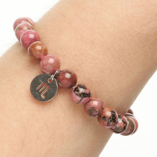Scorpio Rhodonite Birthstone Bead Bracelet with Zodiac Charm - Crystal Nest