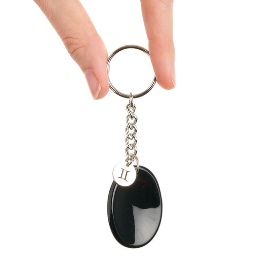 Gemini Black Onyx Birthstone Keyring with Zodiac Charm - Crystal Nest