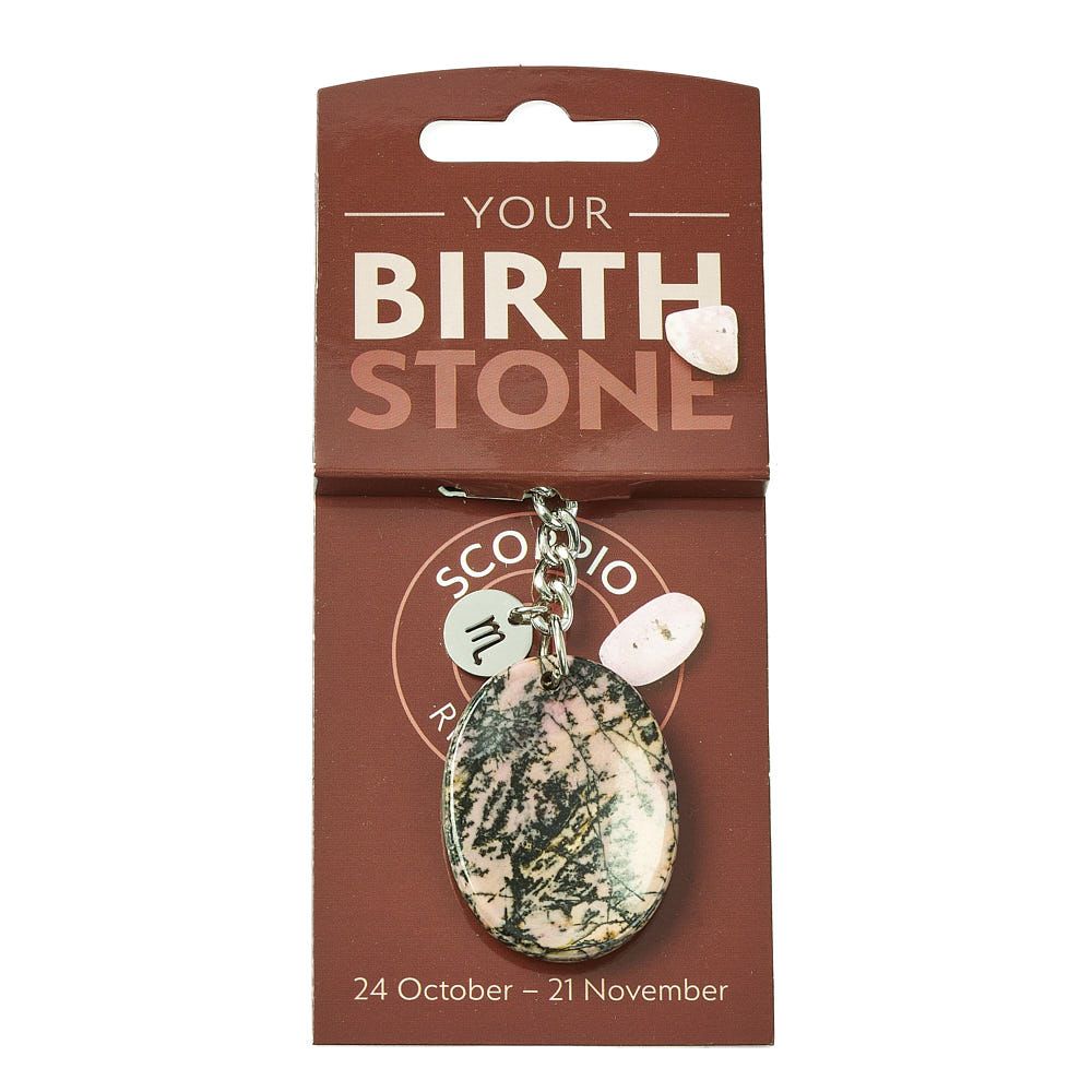 Scorpio Rhodonite Birthstone Keyring with Zodiac Charm - Crystal Nest