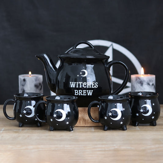 Witches Brew Black Ceramic 5-Piece Cauldron Tea Set - Crystal Nest