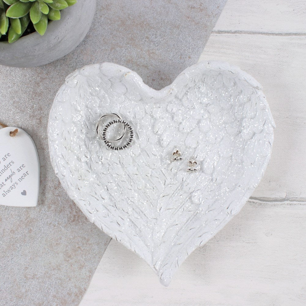 Glitter Heart-Shaped Angel Wing Trinket Dish - Crystal Nest