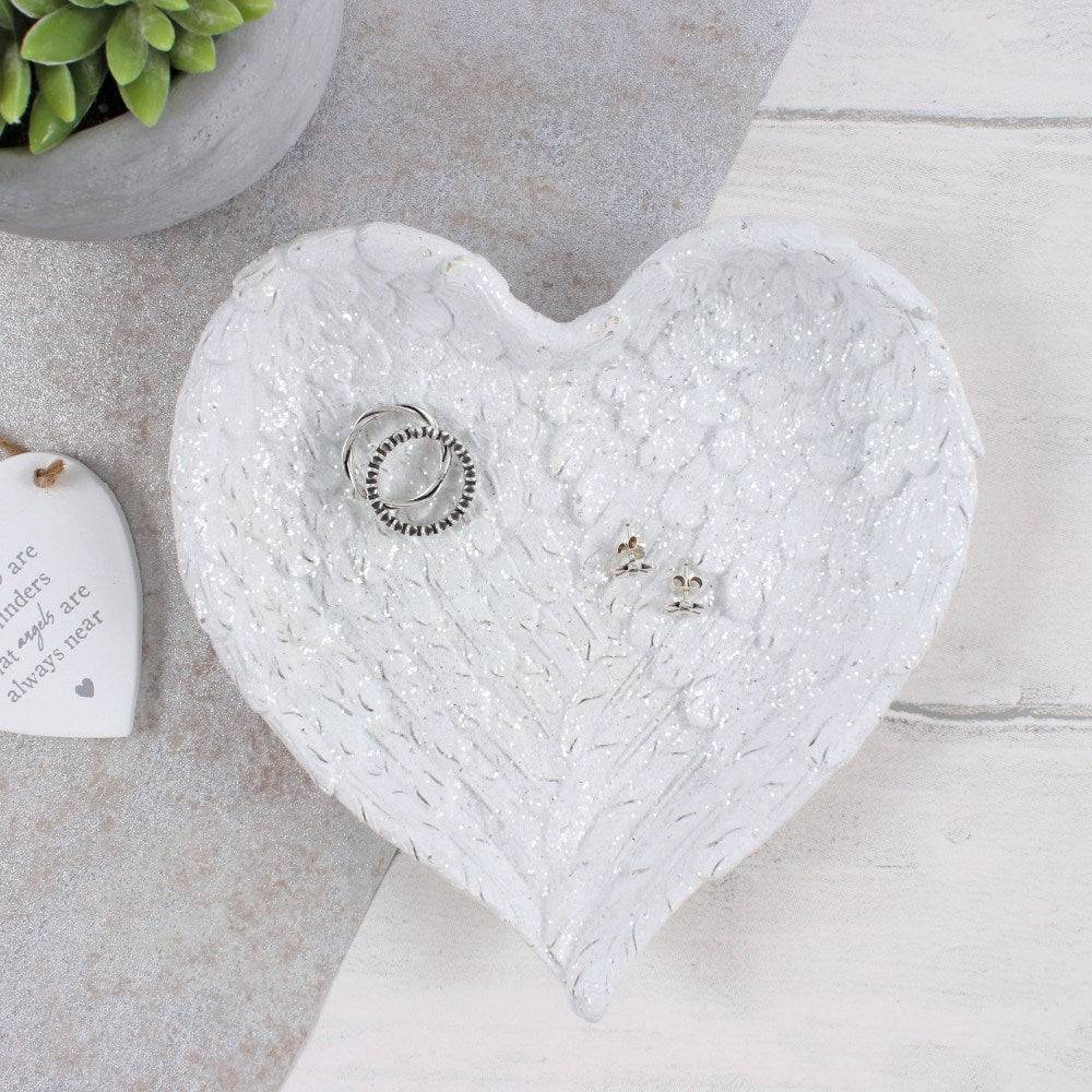 Glitter Heart-Shaped Angel Wing Trinket Dish - Crystal Nest