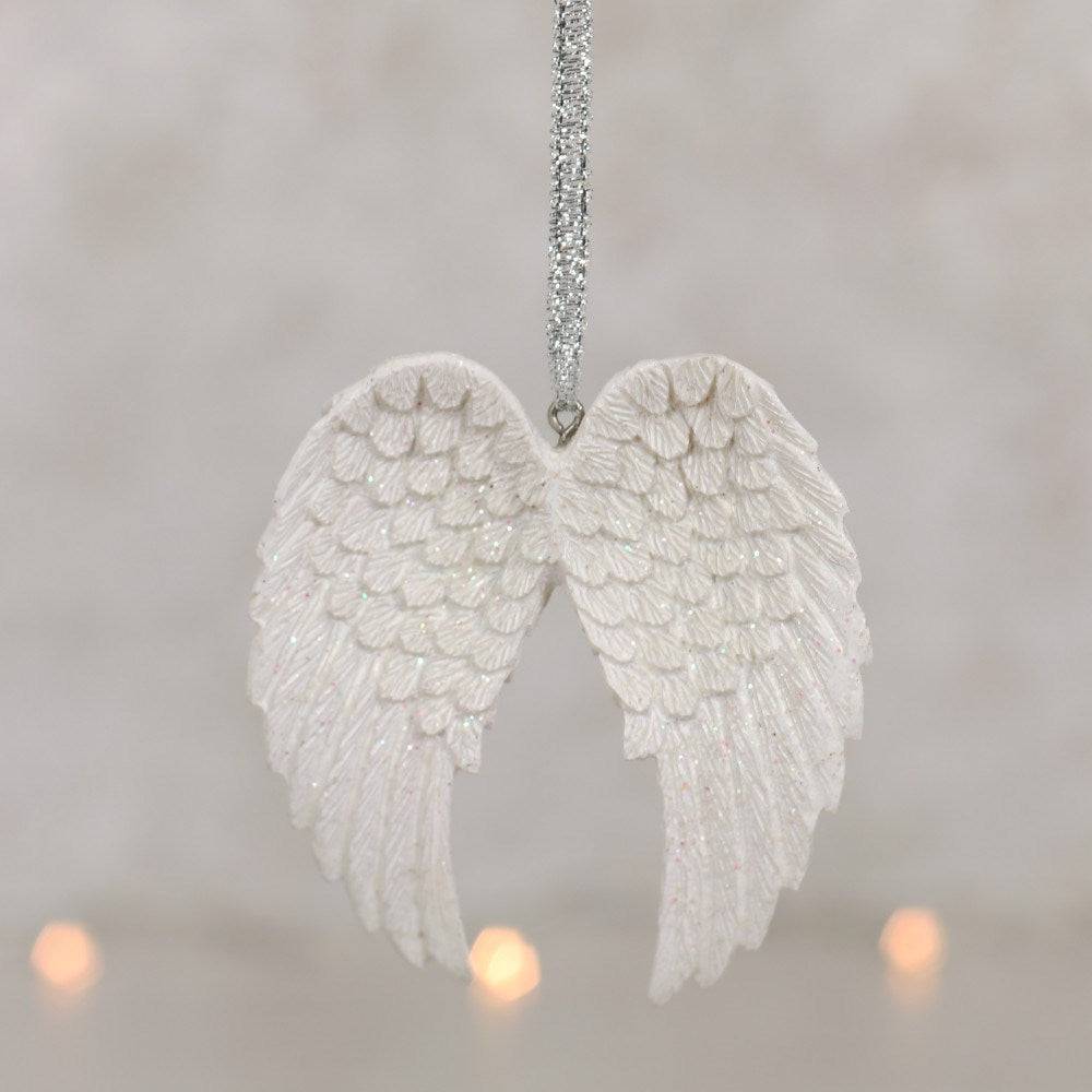 White Glitter Double Angel Wing Hanging Decoration - Crystal Nest