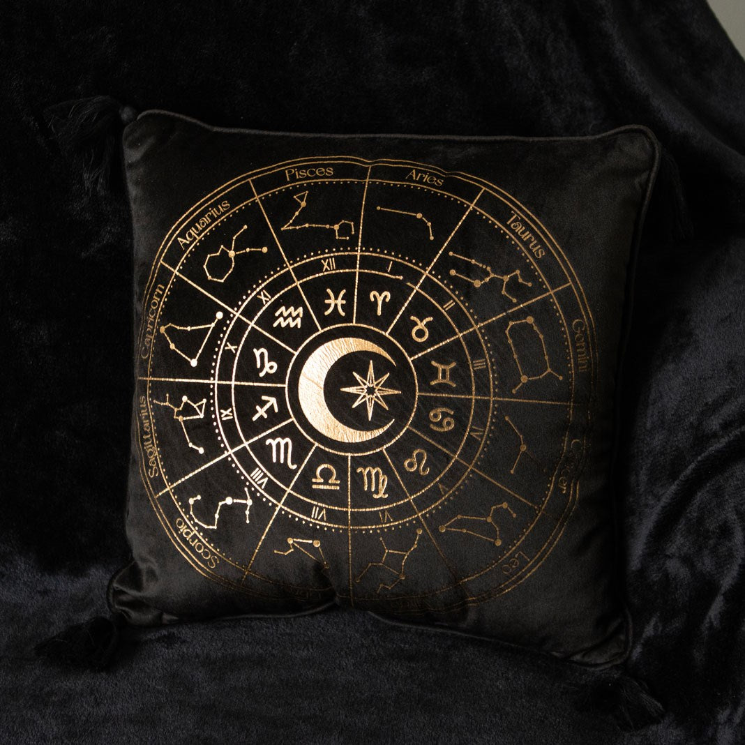 Black Square Astrology Wheel Cushion 35x35 - Crystal Nest