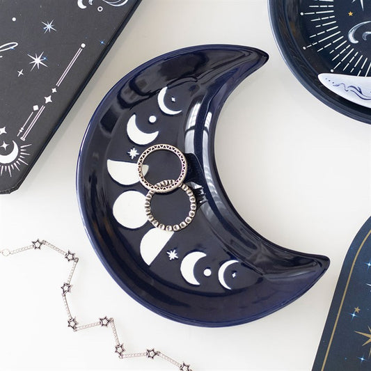 Blue Moon Phase Crescent Moon Trinket Dish | Ceramic Jewellery & Crystal Holder - Crystal Nest
