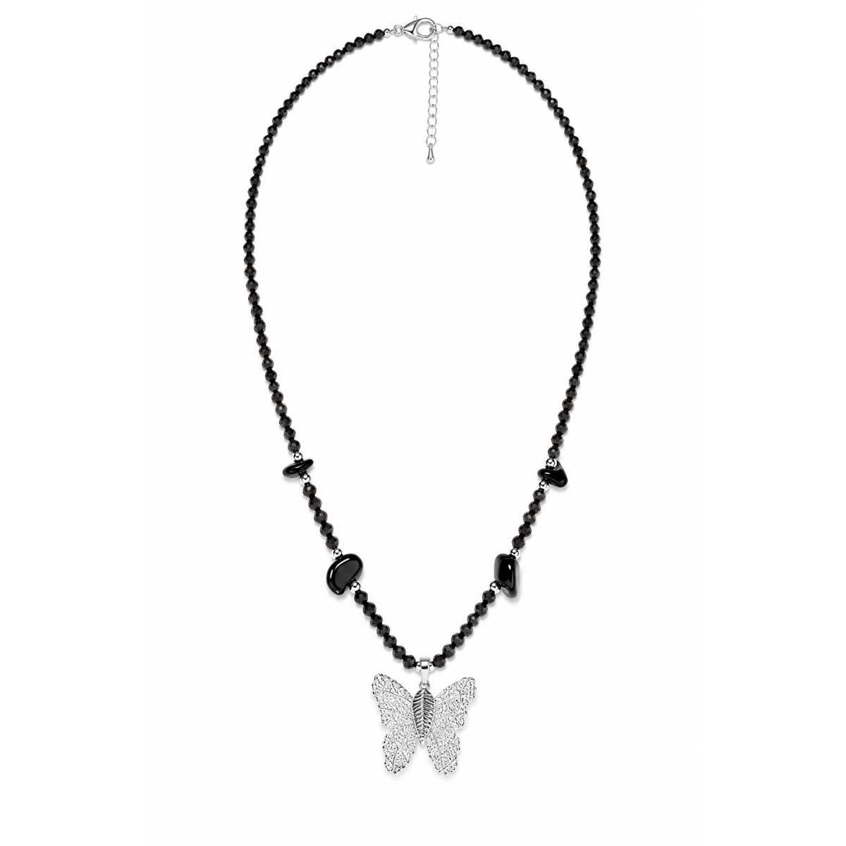 Black Obsidian Gemstone Necklace with Real Leaf Butterfly Pendant