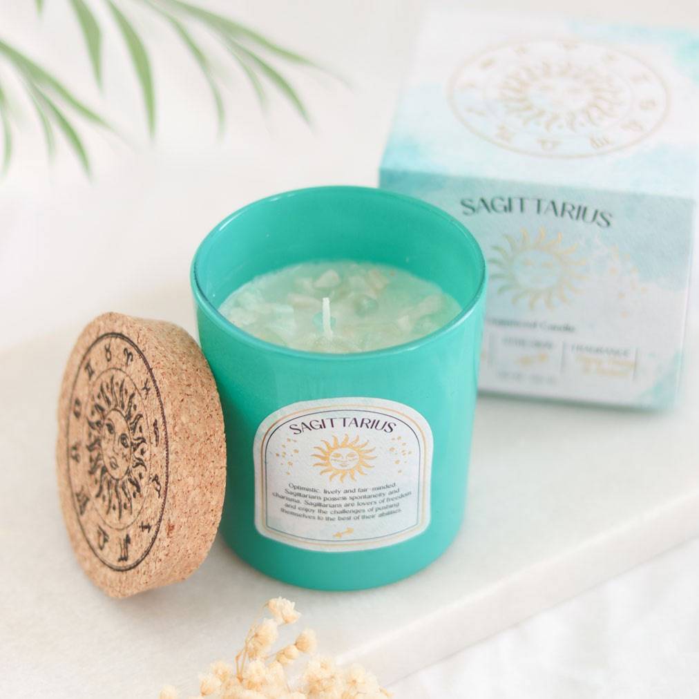 Sagittarius Zodiac Amazonite Crystal Candle - November 22 to December 21 - Crystal Nest
