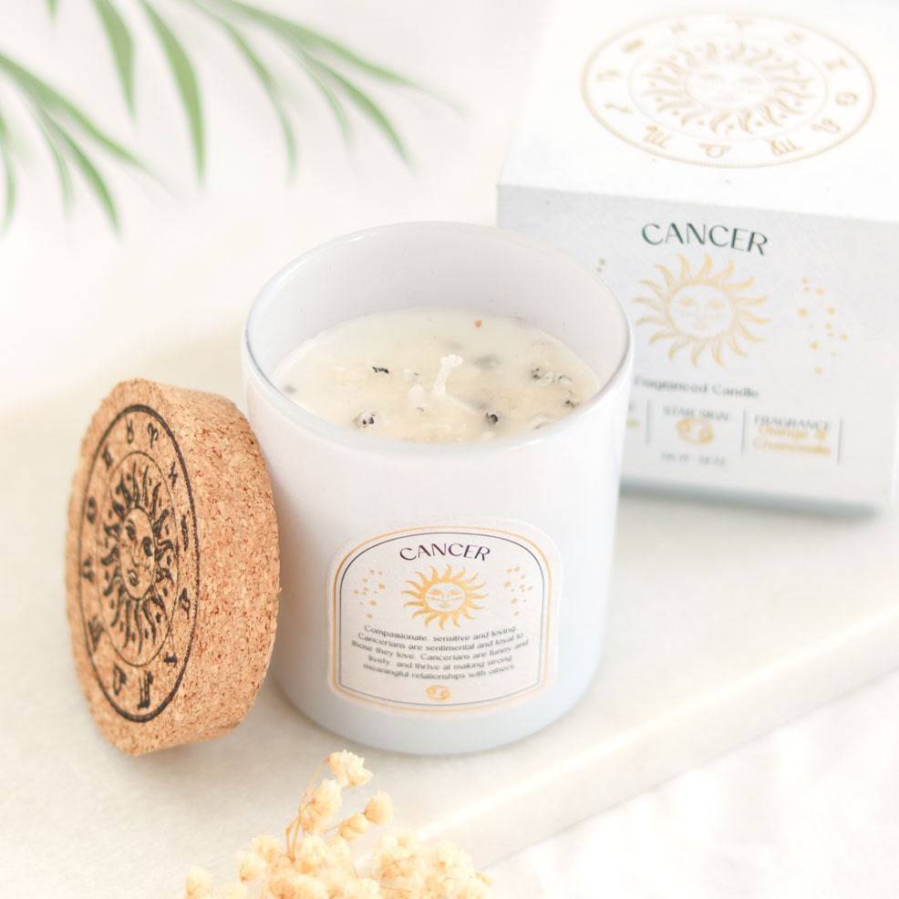 Cancer Zodiac Moonstone Crystal Candle - June 21 to July 22 - Crystal Nest