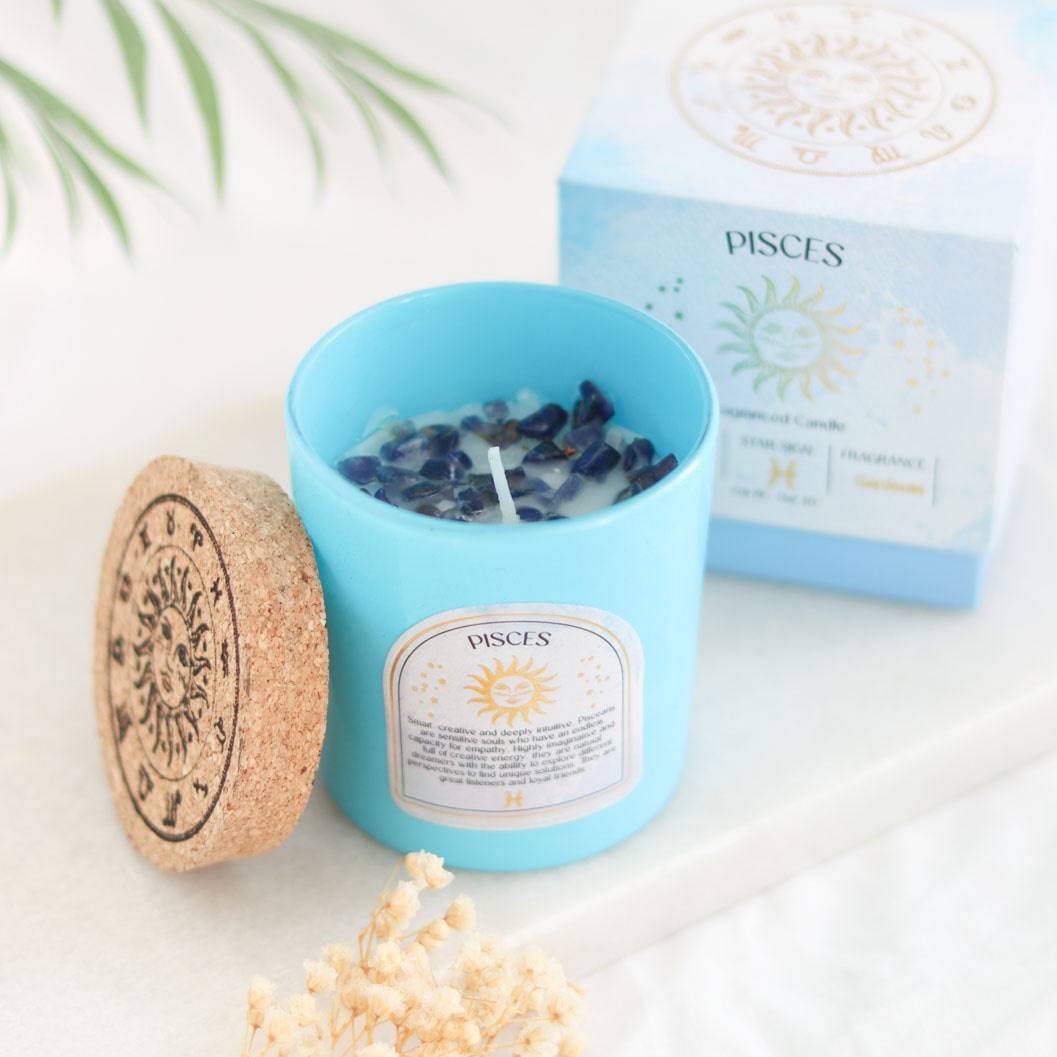Pisces Zodiac Sodalite Crystal Candle - February 19 to March 20 - Crystal Nest