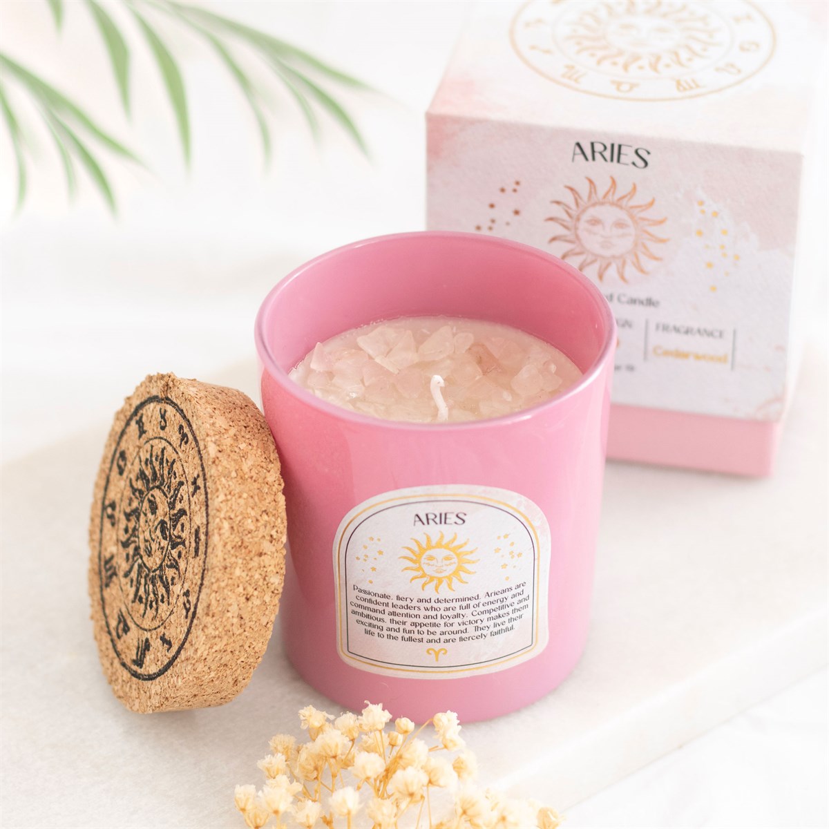 Aries Zodiac Rose Quartz Crystal Candle - March 21 to April 19 - Crystal Nest