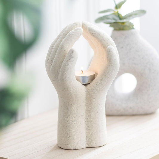 Off-White Praying Hands Tealight Holder - Crystal Nest