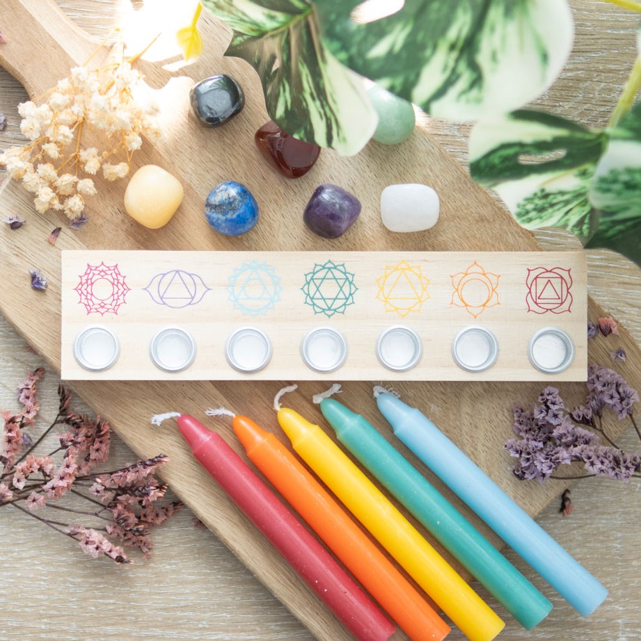 Seven Chakras Wooden Energy Candle Holder - Crystal Nest