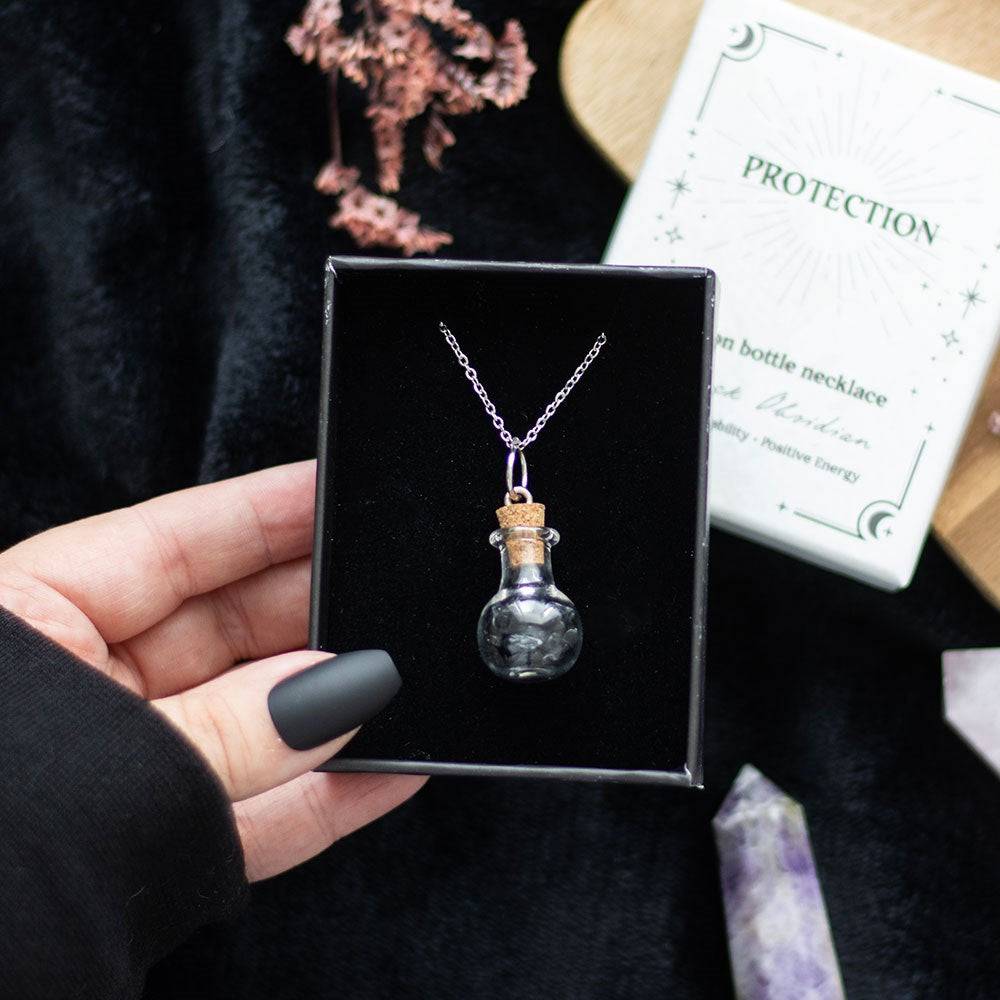 Protection Necklace – Bottled Black Obsidian Crystal Chips - Crystal Nest