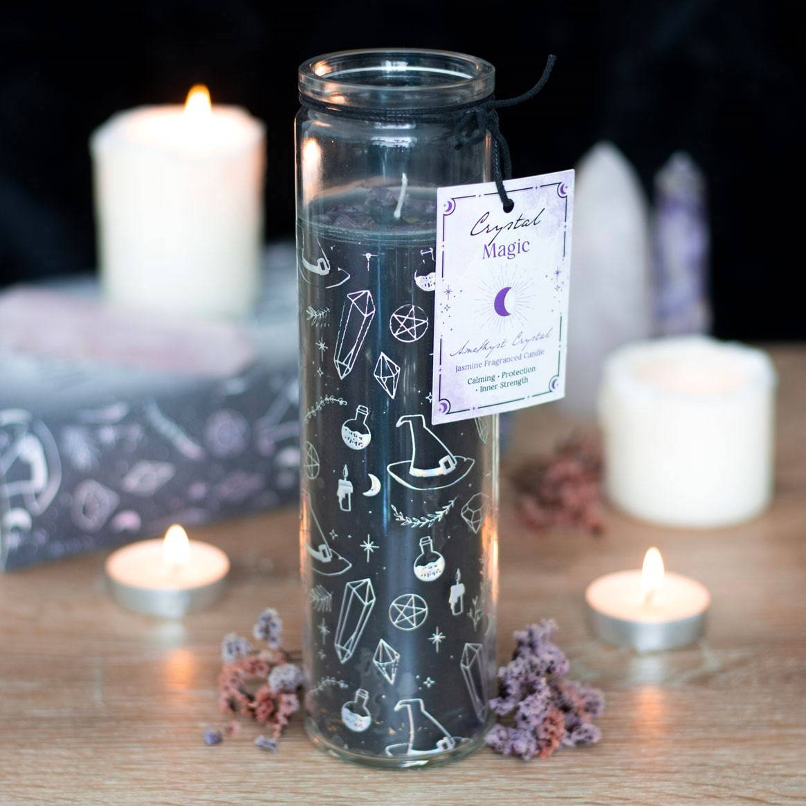 Crystal Witch Jasmine Glass Tube Candle with Amethyst Chips - Crystal Nest