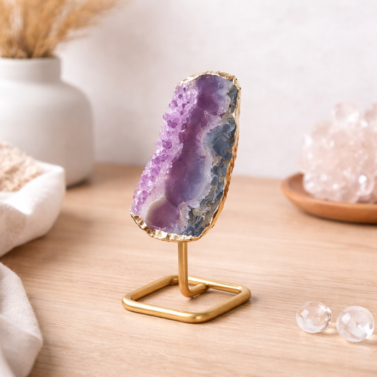 Brazilian Amethyst Druzy Slice on Gold Stand | Small - Crystal Nest