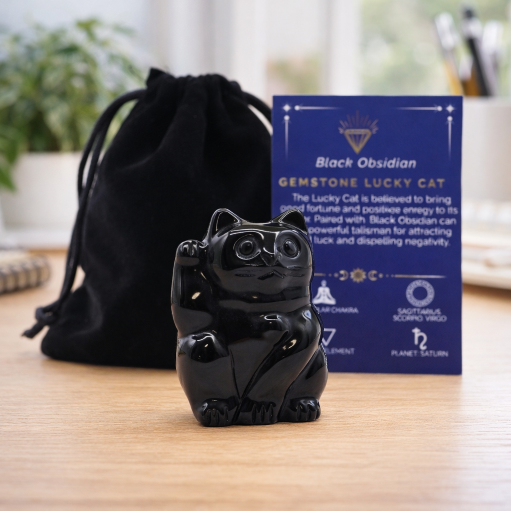 Black Obsidian Lucky Cat | Protection & Good Luck Crystal Talisman - Crystal Nest
