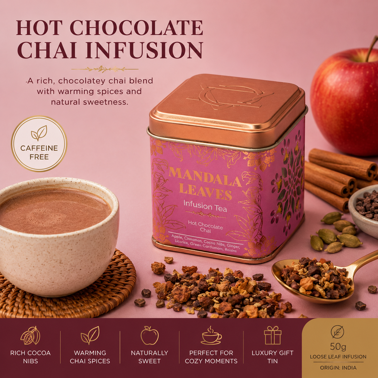 Hot Chocolate Chai Infusion Tea | Caffeine Free Blend (50g Tin)