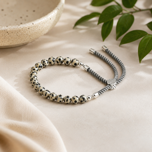 Dalmatian Jasper Gemstone String Bracelet | Charcoal Cord & 925 Silver Plated