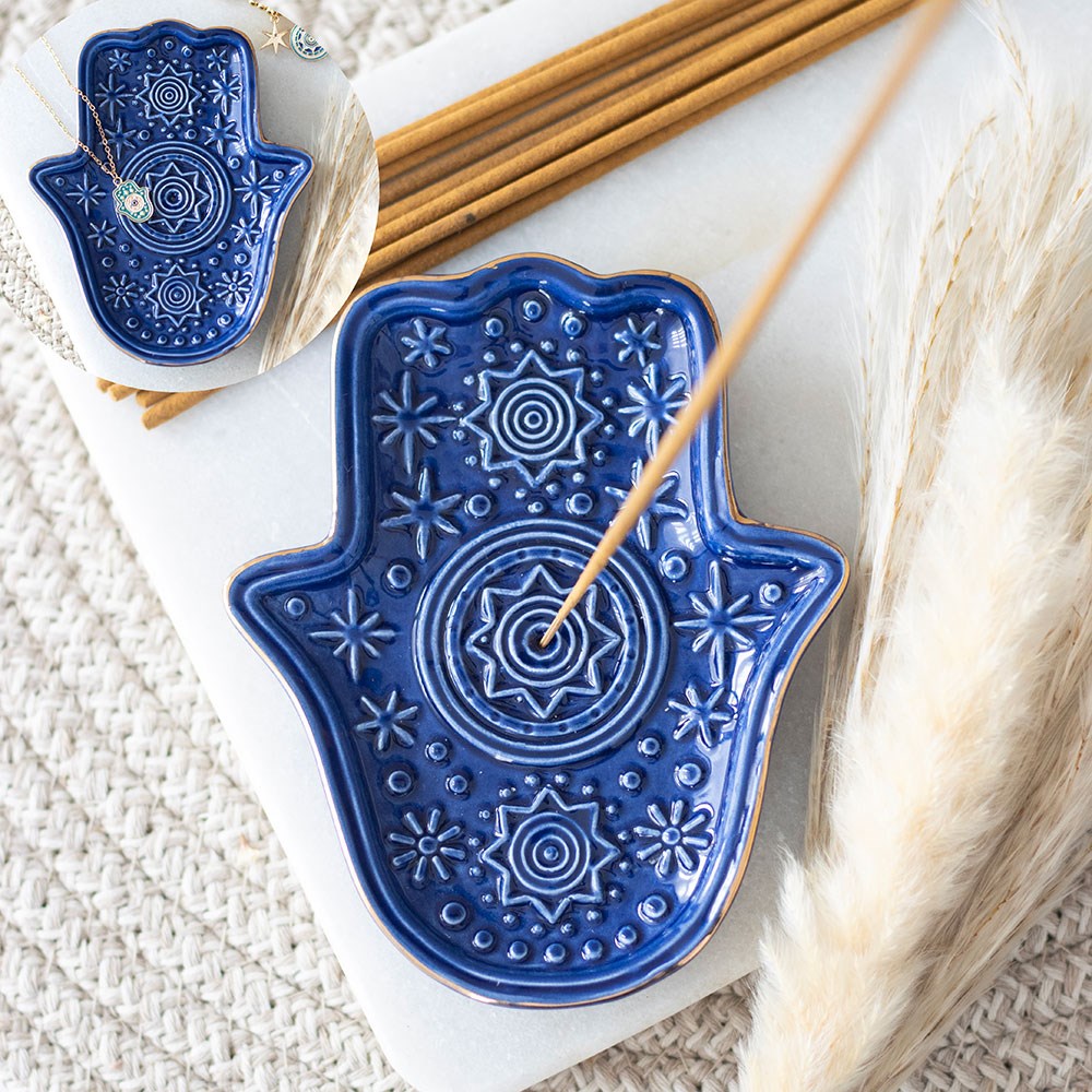 Dark Blue Hand of Hamsa Ceramic Incense Holder & Trinket Dish - Crystal Nest