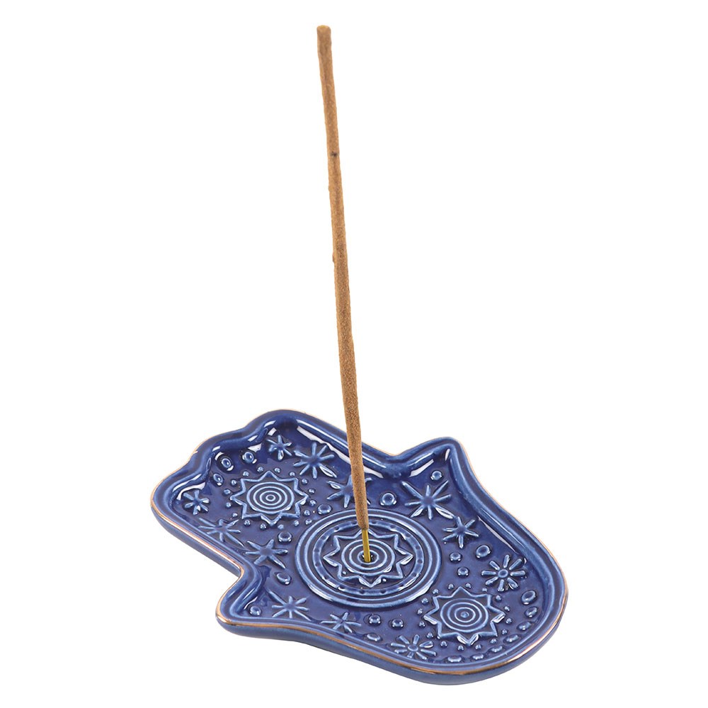 Dark Blue Hand of Hamsa Ceramic Incense Holder & Trinket Dish - Crystal Nest
