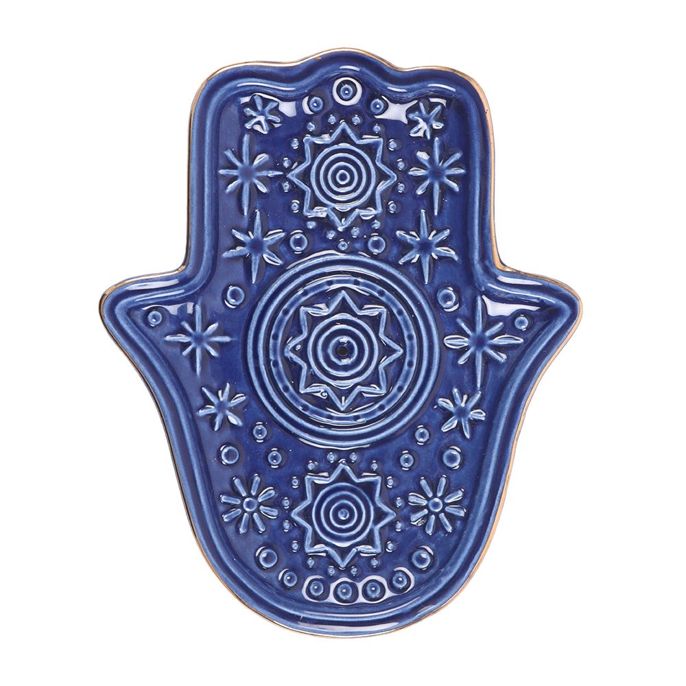 Dark Blue Hand of Hamsa Ceramic Incense Holder & Trinket Dish - Crystal Nest