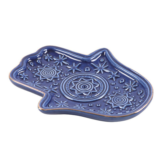 Dark Blue Hand of Hamsa Ceramic Incense Holder & Trinket Dish - Crystal Nest