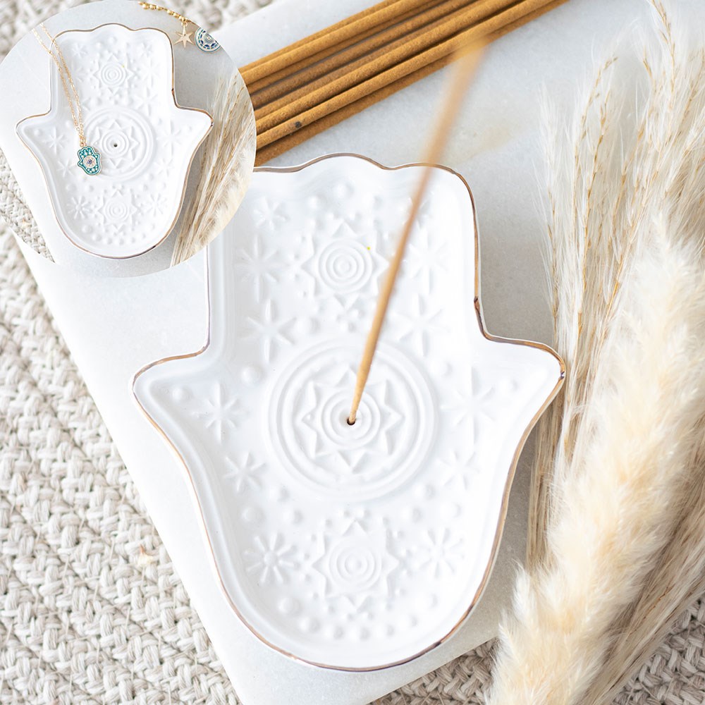 White Hand of Hamsa Ceramic Incense Holder & Trinket Dish - Crystal Nest
