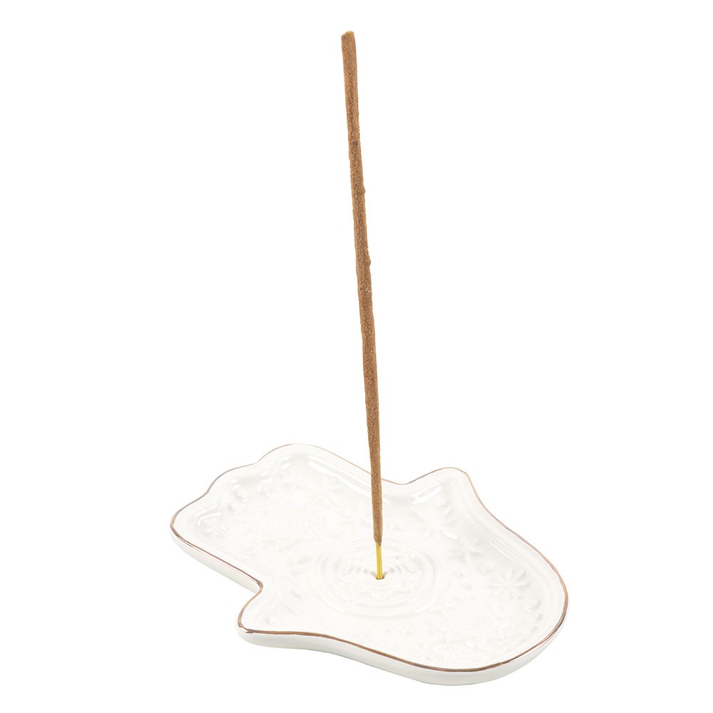 White Hand of Hamsa Ceramic Incense Holder & Trinket Dish - Crystal Nest