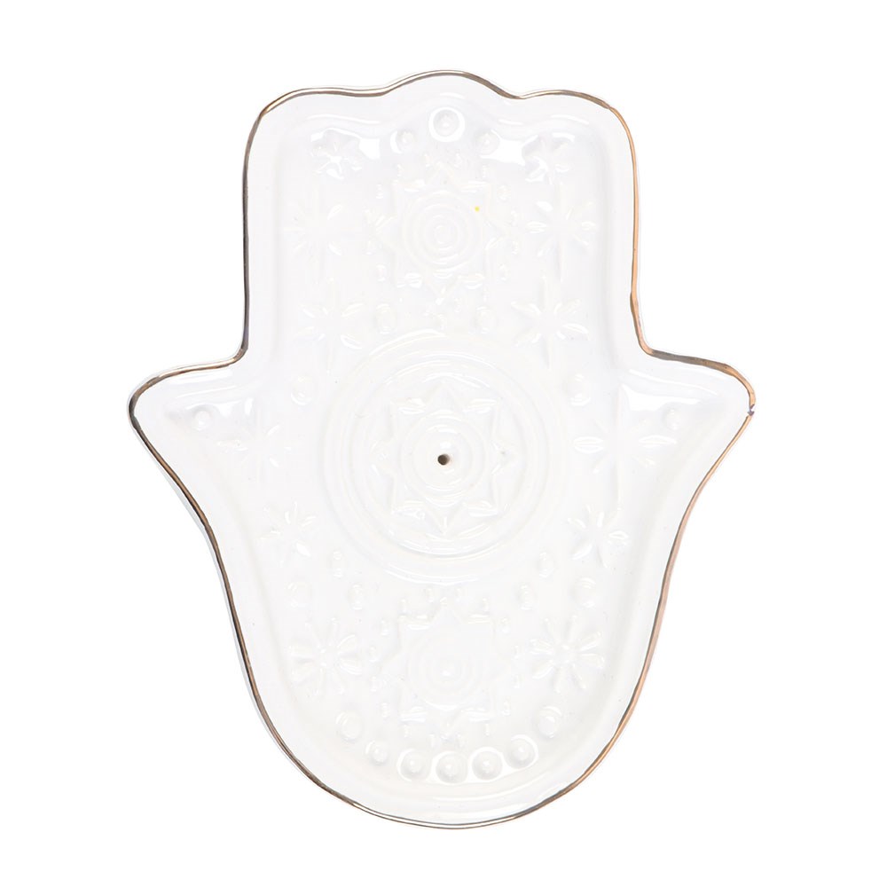 White Hand of Hamsa Ceramic Incense Holder & Trinket Dish - Crystal Nest