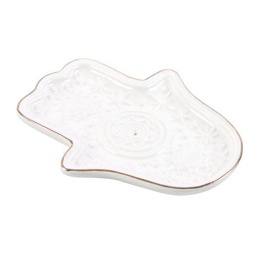 White Hand of Hamsa Ceramic Incense Holder & Trinket Dish - Crystal Nest