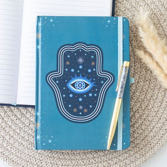 Hamsa Hand & All Seeing Eye A5 Notebook with Crystal Chip Pen - Crystal Nest
