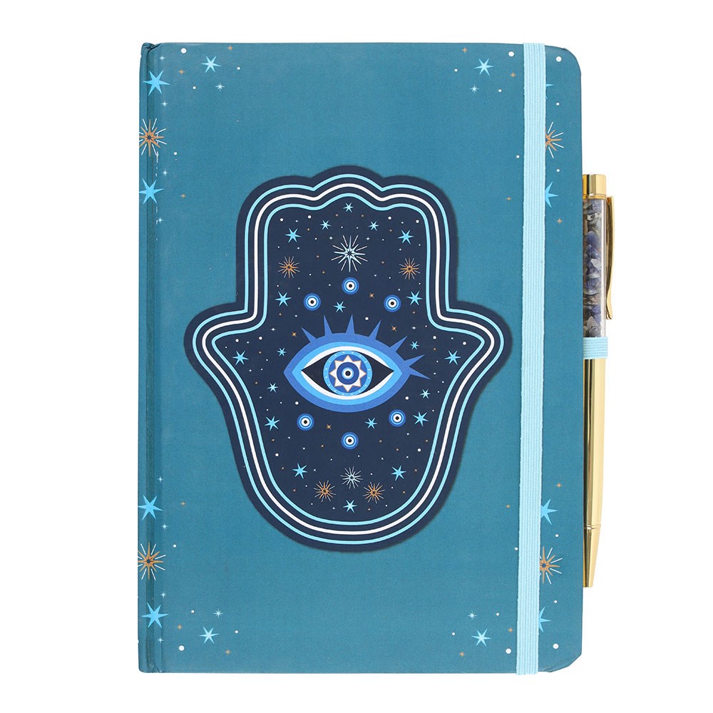 Hamsa Hand & All Seeing Eye A5 Notebook with Crystal Chip Pen - Crystal Nest