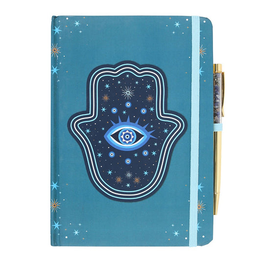 Hamsa Hand & All Seeing Eye A5 Notebook with Crystal Chip Pen - Crystal Nest