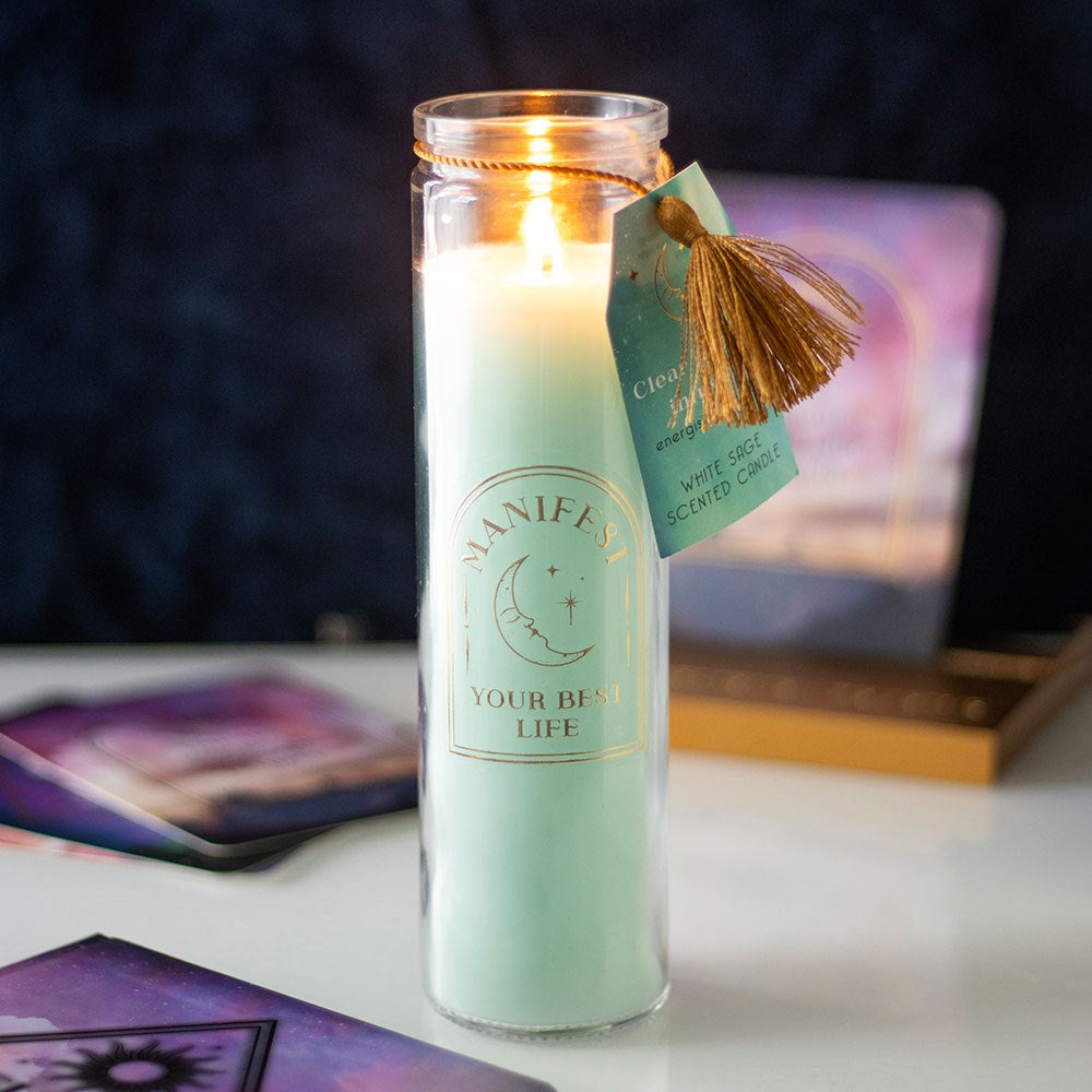 White Sage Tube Candle with Clear Quartz Crystals - Crystal Nest