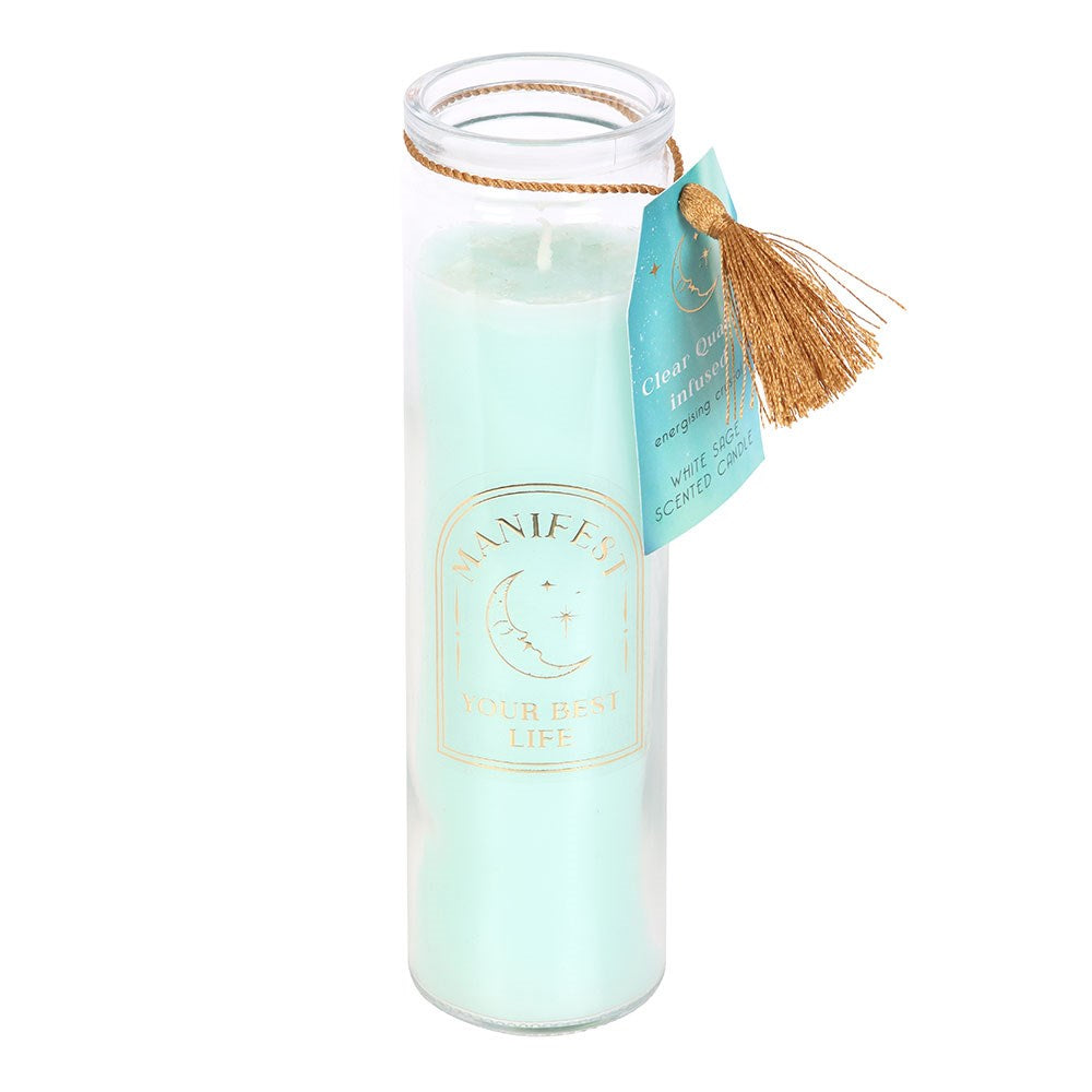 White Sage Tube Candle with Clear Quartz Crystals - Crystal Nest