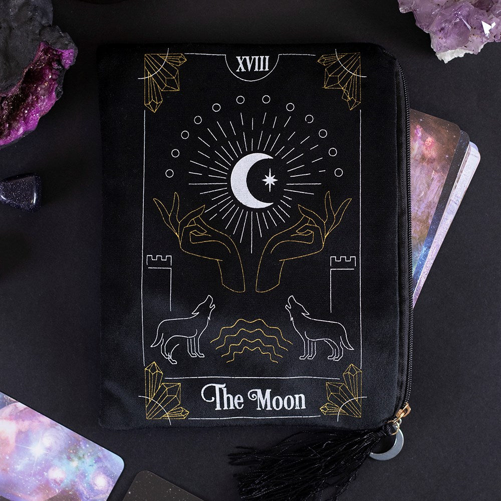 Black Velvet Zipper Pouch – Moon Tarot Card Design - Crystal Nest