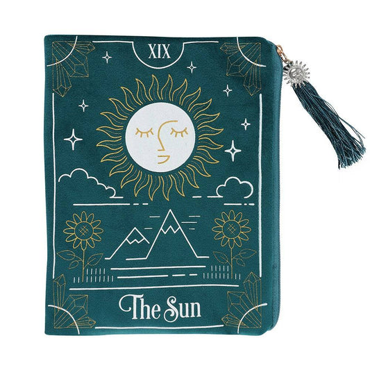 Green Velvet Zipper Pouch – Sun Tarot Card Design - Crystal Nest