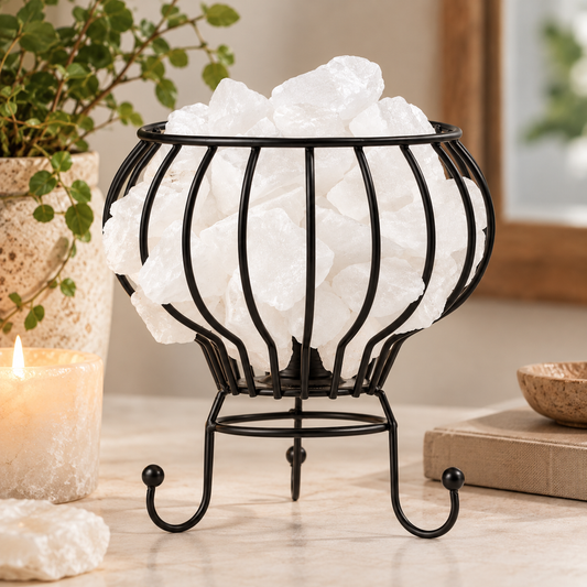 White Himalayan Salt Fire Bowl Lamp | Black Iron - Crystal Nest