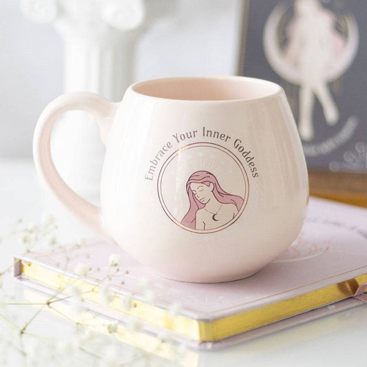 Embrace Your Inner Goddess Rounded Mug – Feminine Pastel Pink Coffee & Tea Cup - Crystal Nest