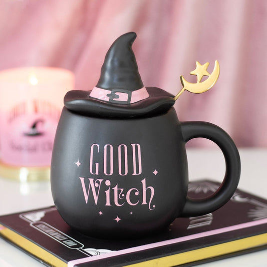 Good Witch Mug with Hat Lid & Moon Spoon | Witchy Gift for Tea & Coffee Lovers - Crystal Nest